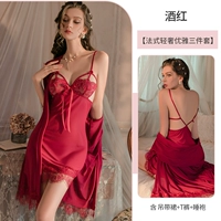 Бордовый комплект, платье-комбинация, штаны, банный халат, французский стиль, 3 предмета