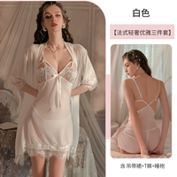 Белый комплект, платье-комбинация, штаны, банный халат, французский стиль, 3 предмета