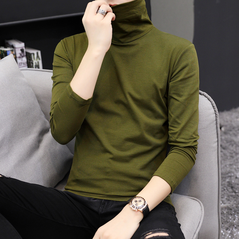 Autumn and Winter Thin Long-Sleeved T-Shirt Men's High-Neck Outerwear Base Shirt Trendy Men's Slim Fit Turn-Down Collar Solid Color Top