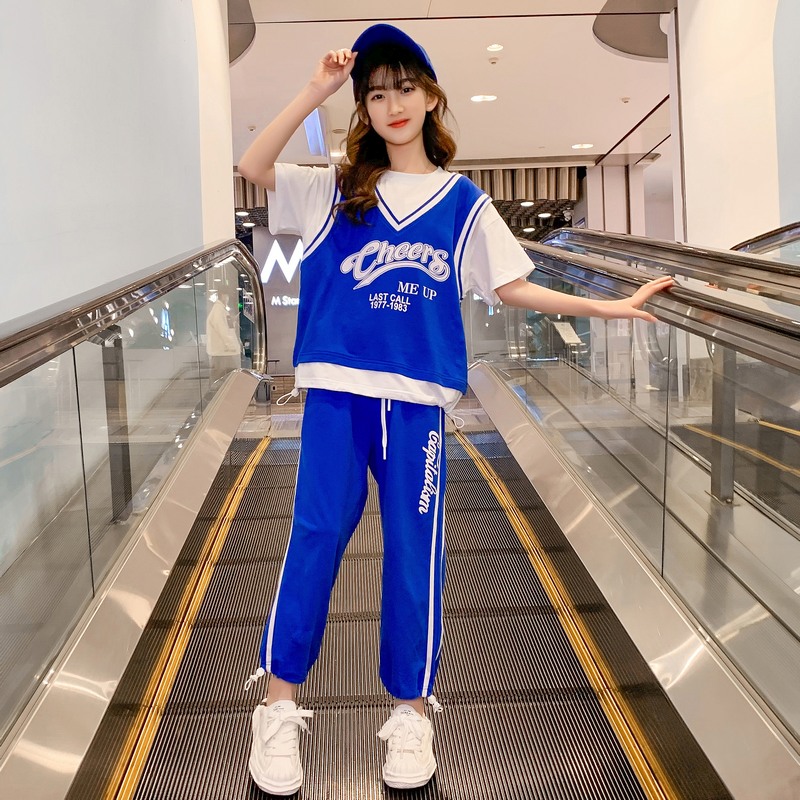 Girl Summer Dress Trendy Children Suit Short Sleeve Big Boy Nets Red 2022 New Foreign Pie Girl Clothes Summer Two Sets