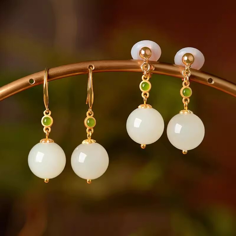 18K Gold Round Bead Earrings DIY Materials Accessories Jade and Hetian Jade Ear Hooks Ear Pendants Ear Studs Ear Jewelry Settings