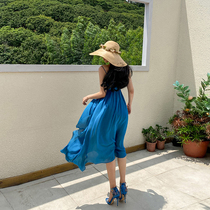 XIAOLI glass luster lake blue silk v-neck suspender dress spring and summer new French niche skirt women