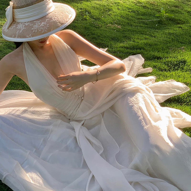 Xiaolimei's Divine Beauty Descends, Luo Yutong's Same Style V-Neck Halter White Dress, Summer Party Light Formal Dress, Waist-Cinching Long Dress