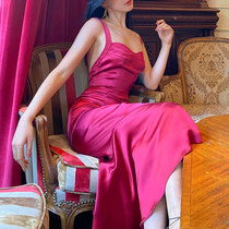 XIAOLI rose suspender v-neck thin red French dress 2021 spring mid-long temperament skirt summer