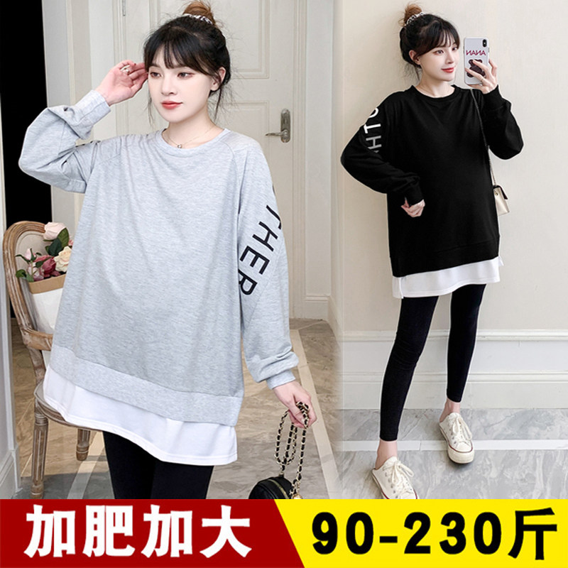 Plus Mast Size Pregnant Women's Clothing Suit Spring Autumn Long Sleeves T-shirt 200 Catty Fashion Fake Two Loose Fall Blouses