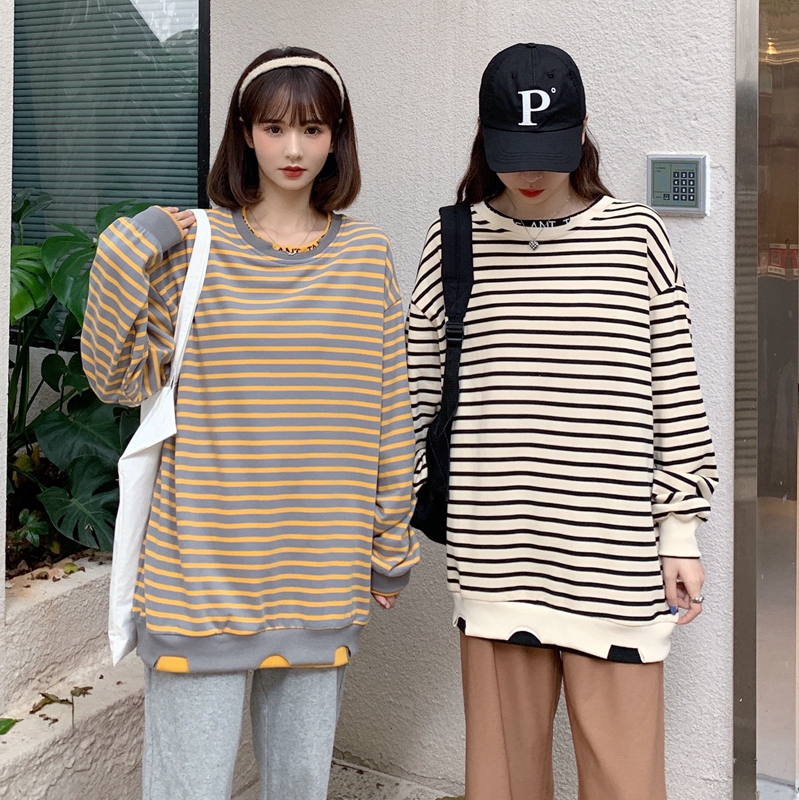 Large size Pregnancy Woman Dress Spring Autumn Dress Long Sleeve Blouse 200 Catty Striped T-shirt Loose and Lean Splicing Fake two-piece Clothing Tide
