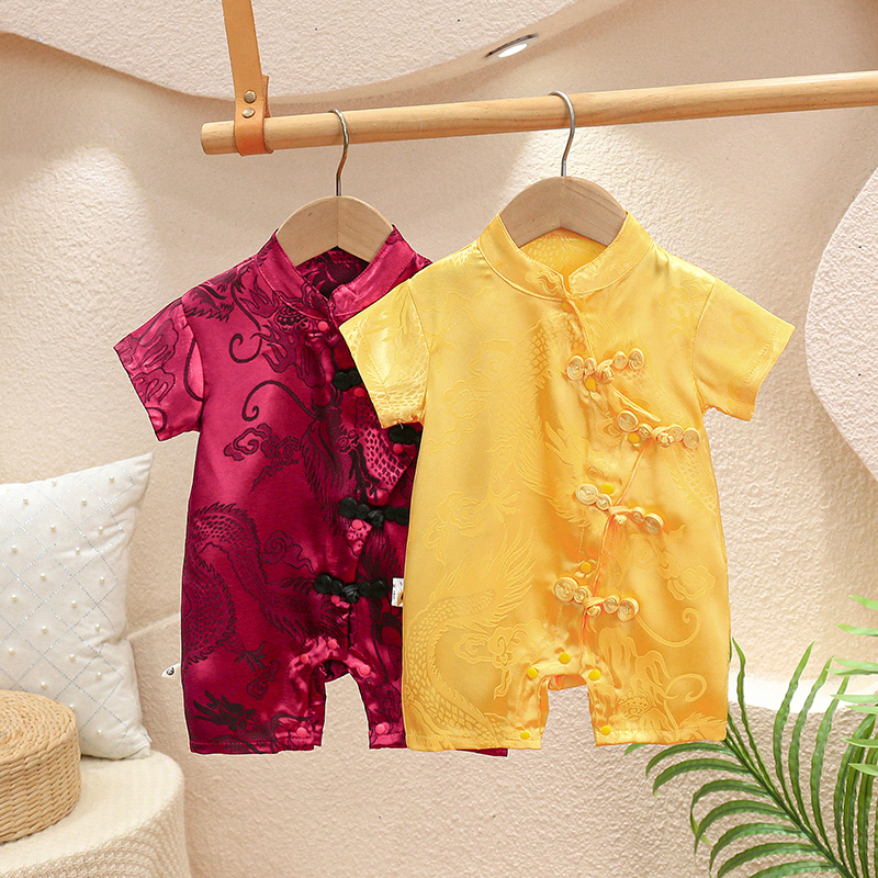 Baby's 100-Day Outfit, Summer Short-Sleeved Romper, Unisex Baby Chinese Style Full Moon Hanfu, Thin Crawling Suit, Romper