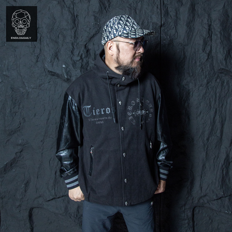 Engild&Gaily Dark Style Skull Applique National Trend Hooded Baseball Jacket Men's Short Jacket National Trend