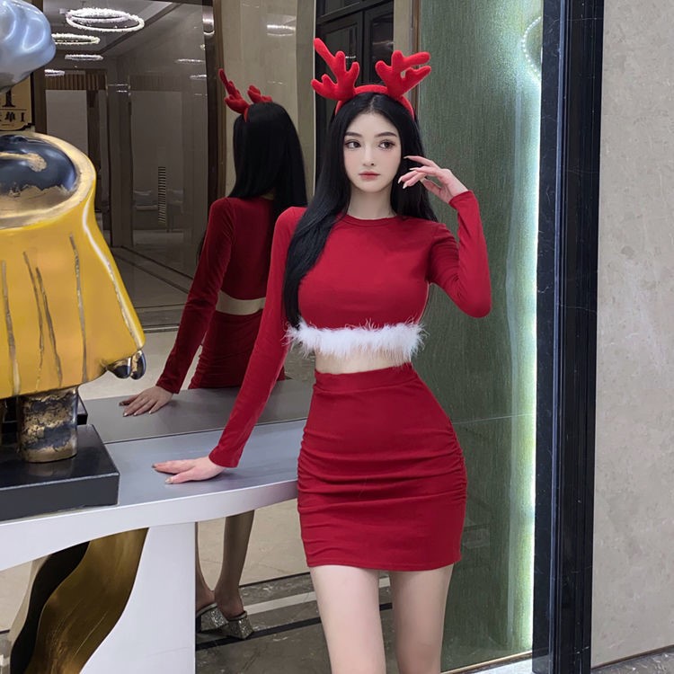 Christmas theme clothes suit women's red and white fur sexy short Dew Navel Blouse short skirt Two sets