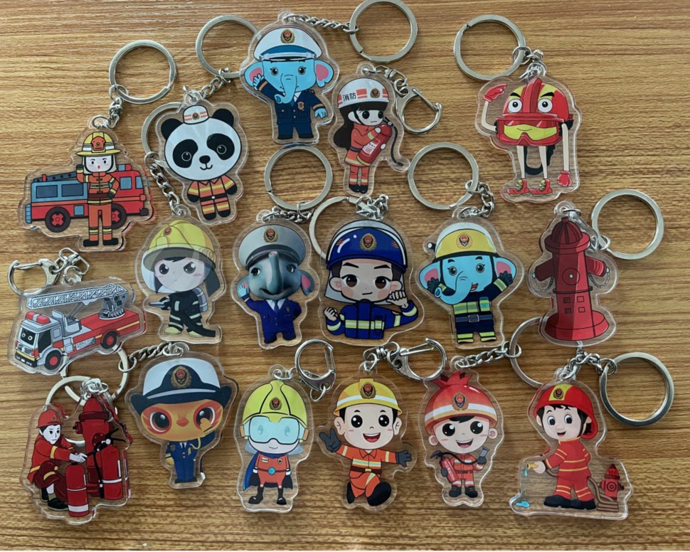 Firefighter cute cartoon keychain flame blue uniform pendant double-sided figure accessories unit activity prize couple