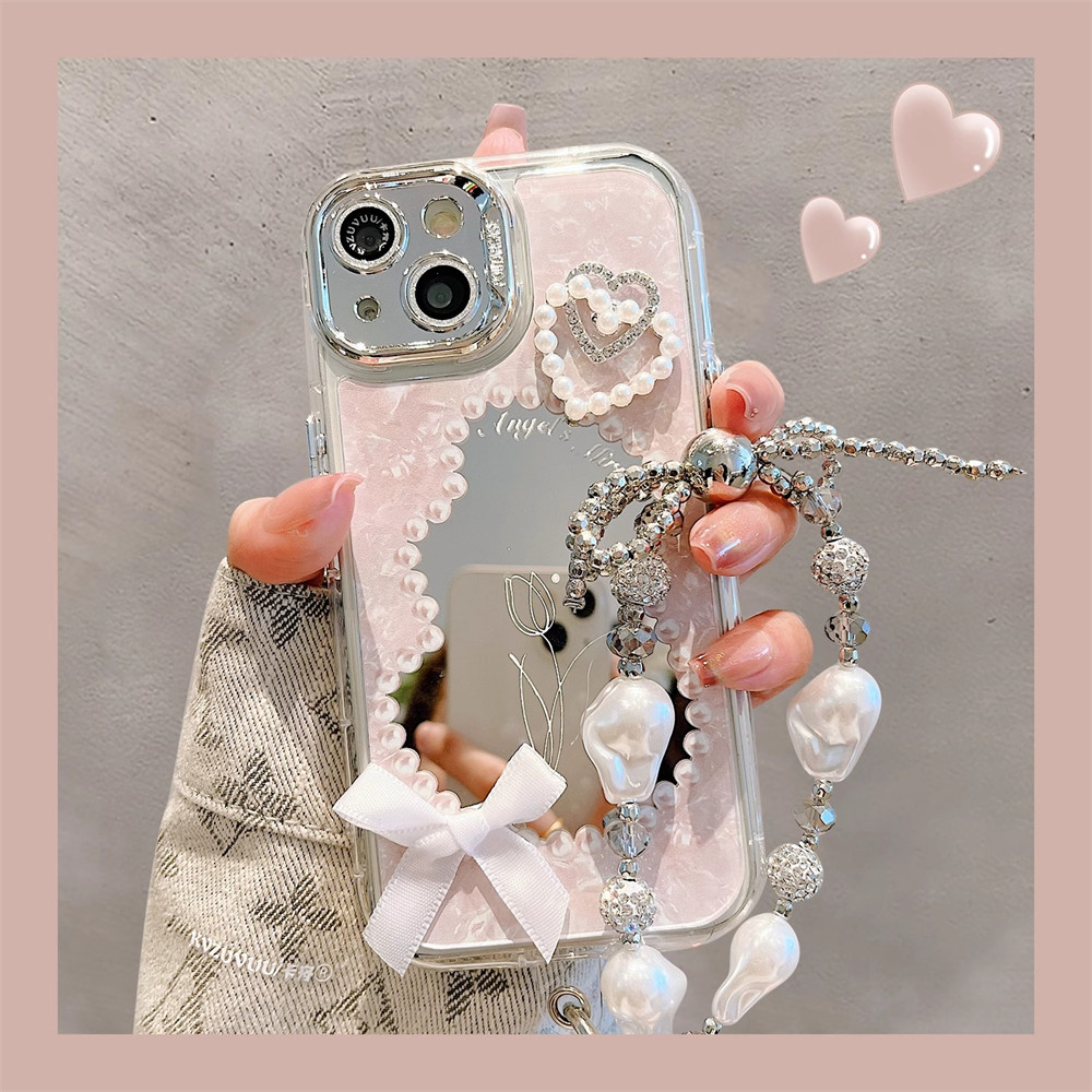 Suitable for Apple iPhone 16, iPhone 15 Pro Max, 3D heart bow mirror bracelet, simple and niche popular style, women's, high-end feel, new Pro phone case, trendy.