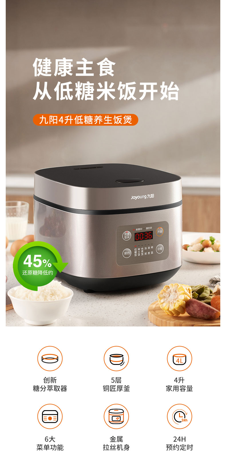 九阳 全自动铜釜内胆电饭煲 4L 可做脱糖米饭 图5