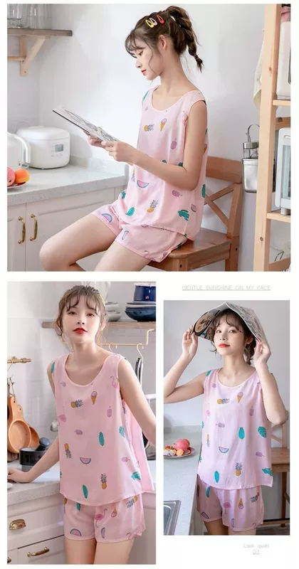 Đồ ngủ phụ nữ mùa hè cotton lụa dễ thương quần đùi hai mảnh không tay áo vest mùa hè sinh viên tươi cô gái phục vụ nhà phù hợp - Cha mẹ và con