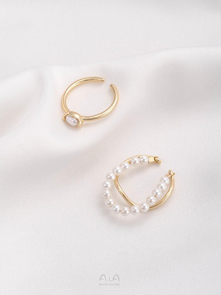 14K GOLD-FILLED COLOR-PRESERVING PEARL WAVY ARC RING INLAID RICE BEADS EMPTY INGOT RING DIY HAND-MADE ACCESSORIES