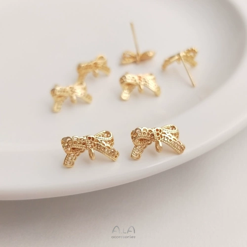 Серьги с бантиком, серебряная игла ручной работы, иголка, аксессуар, 14 карат, золотой цвет, цветочный принт, кружевное платье, серебро 925 пробы