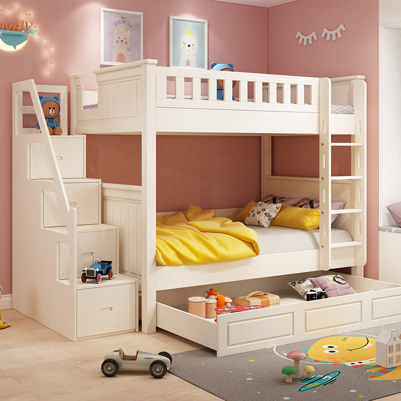 Adult children up and down the same wide solid wood bed with double bed and low bed parallel primary and secondary American small family type combined bed