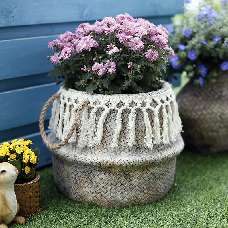 Tassel Imitation Bamboo Woven Flower Pot Creative Simple Succulent Plant Large Caliber Outdoor Garden Decoration Household Flower Basket