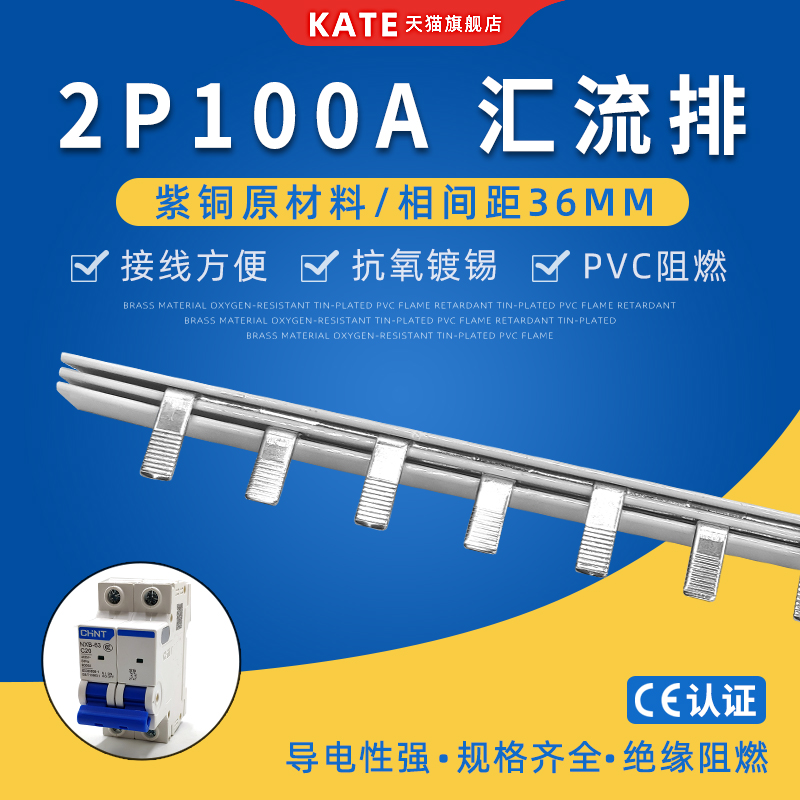 2P100A electrical busbar copper tinned 36mm spacing empty open wiring row distribution box circuit breaker connection