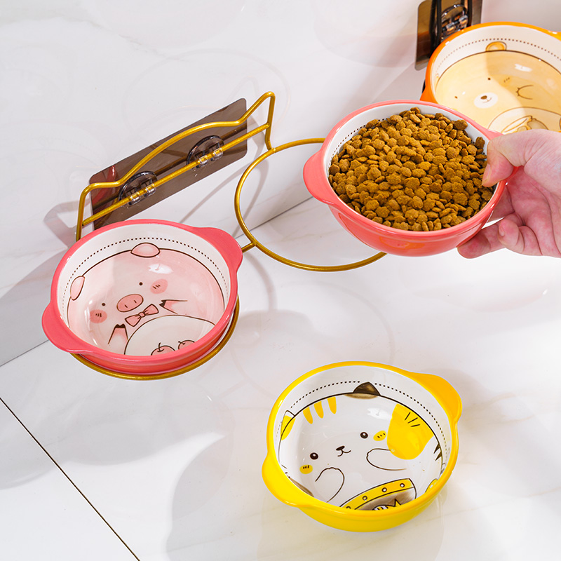 Cat bowl ceramic cat food bowl wall-mounted heightened cat rice bowl double bowl dog bowl drinking bowl protects cervical vertebrae from overturning