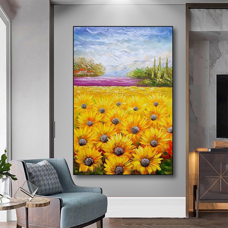 Hand-painted oil painting sunflower porch decoration painting living room sofa wall painting villa hotel pastoral restaurant hanging painting