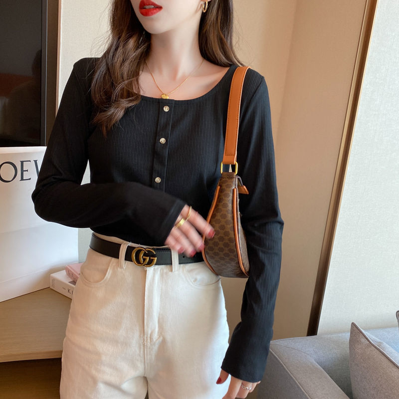 Design sense square collar slim fit long-sleeved T-shirt 2021 spring new women's clothing all-match thin ins niche solid color top