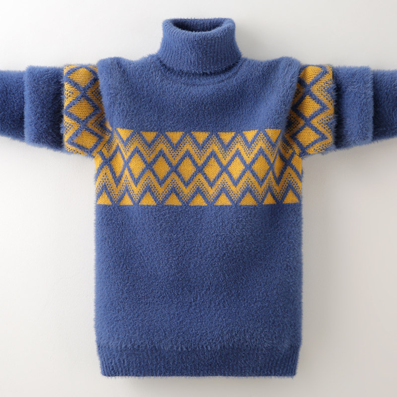 Mink fleece sweater kids middle boy plus plush thick autumn/winter knit pullover for boys high neck leggings