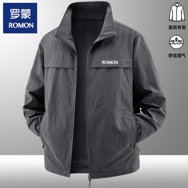 Romon's New Stand-Up Collar Jacket for Men, Spring and Autumn Windproof Casual Jacket, Outdoor Versatile Simple Breathable Top for Men