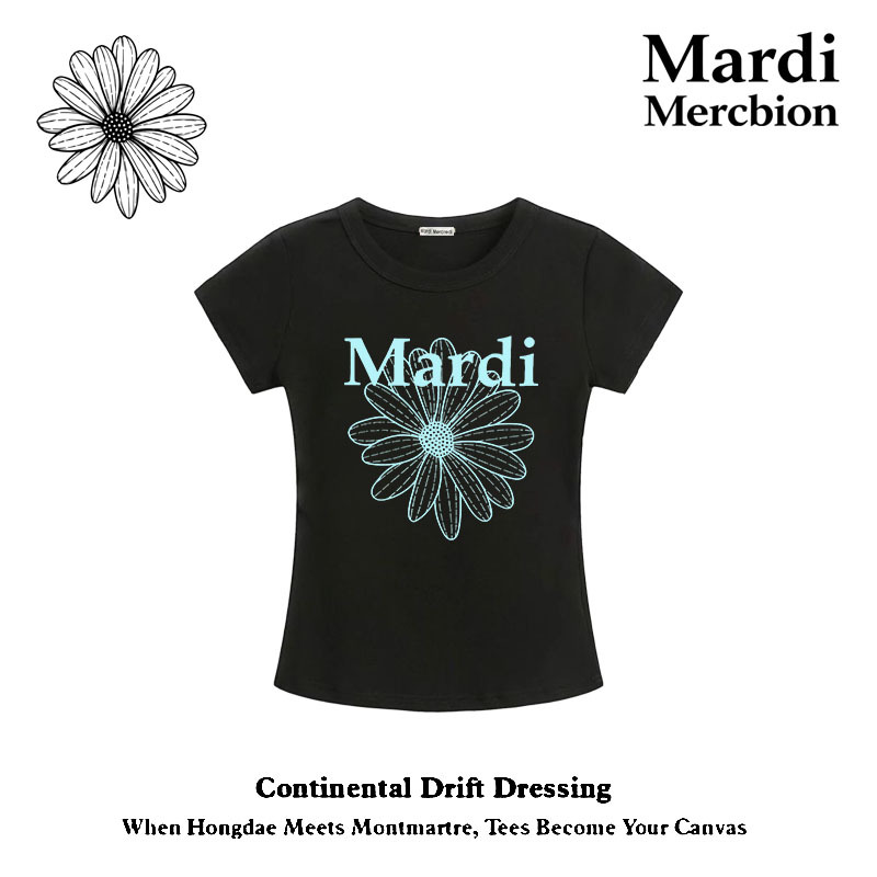 Mardi Mercredi Korean Authentic Daisy Letter Print Shoulder-Cinching Short-Sleeve T-Shirt Top for Women Mardi Mercredi Korean Authentic Daisy Letter Print Shoulder-Cinching Short-Sleeve T-Shirt Top for Women