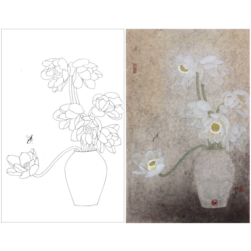 (Steps) Gong Xueqing Painting White Description Paper Lotus Piece original size 42*66cm Flower Bird Line with A3 Step Graphics and Color Description of the Country Painting Draft XQ87