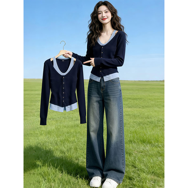 Fake Two-Piece Design Color-Blocking Knit Sweater for Women, 2026 Autumn New Style, Slim Fit, Flattering, Trendy Top Fake Two-Piece Design Color-Blocking Knit Sweater for Women, 2026 Autumn New Style, Slim Fit, Flattering, Trendy Top