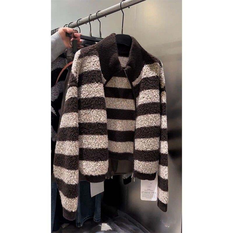 Striped Stand-Up Collar Double-Zip Short Knit Cardigan for Women, 2026 Autumn New Vintage Relaxed Vibe Sweater Jacket