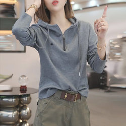 Hooded Drawstring Half-Zip Long-Sleeve Sweatshirt for Women, 2025 Early Autumn New Style, Versatile Layering, Slimming Hoodie, Regular Shoulder Top