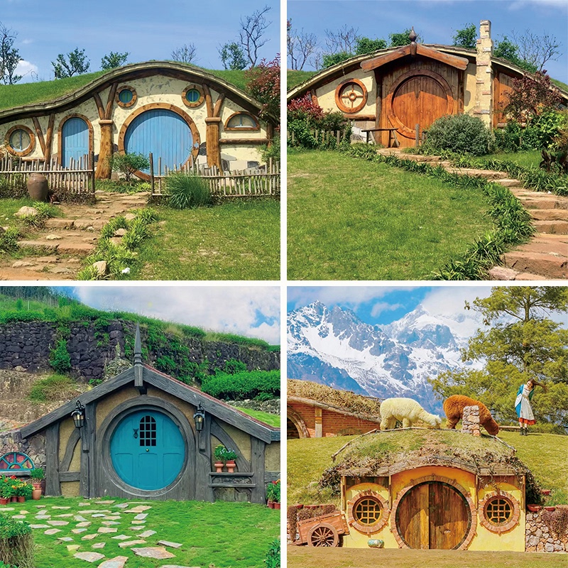 Trendy Hobbit House Scene Setup, Scenic Farm Background Wall, Wooden House Landscape Photo Props and Decorations