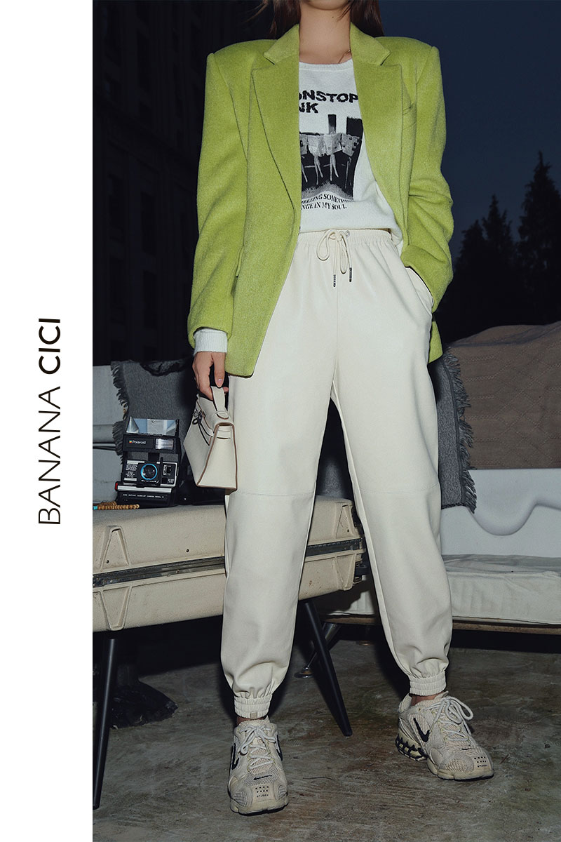 BANANA CICI2020 winter new high-waisted textured PU leather split line harness foot leather pants women's casual pants