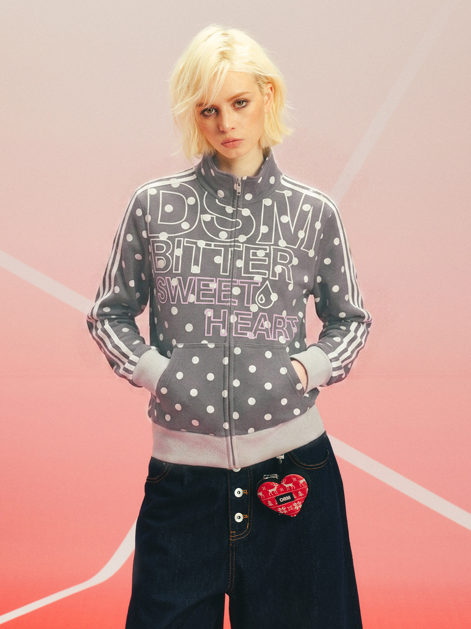 DONSMOKE Polka Dot Zipper Stand Collar Sweatshirt
