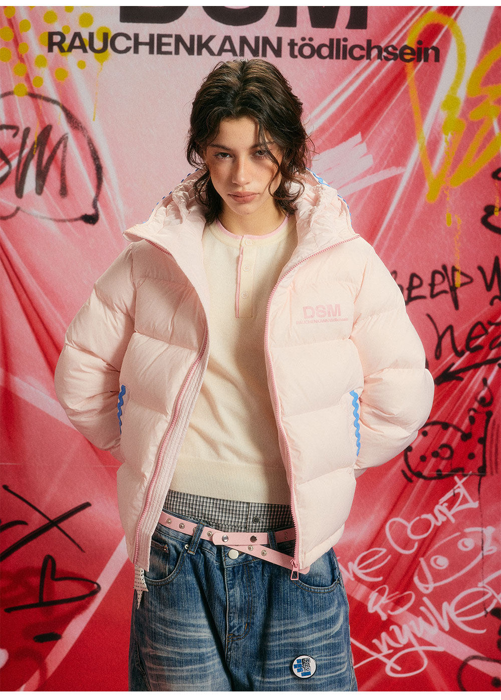 DONSMOKE 180g Shell-Stitch Embroidered Down Pink Hooded Puffer Jacket