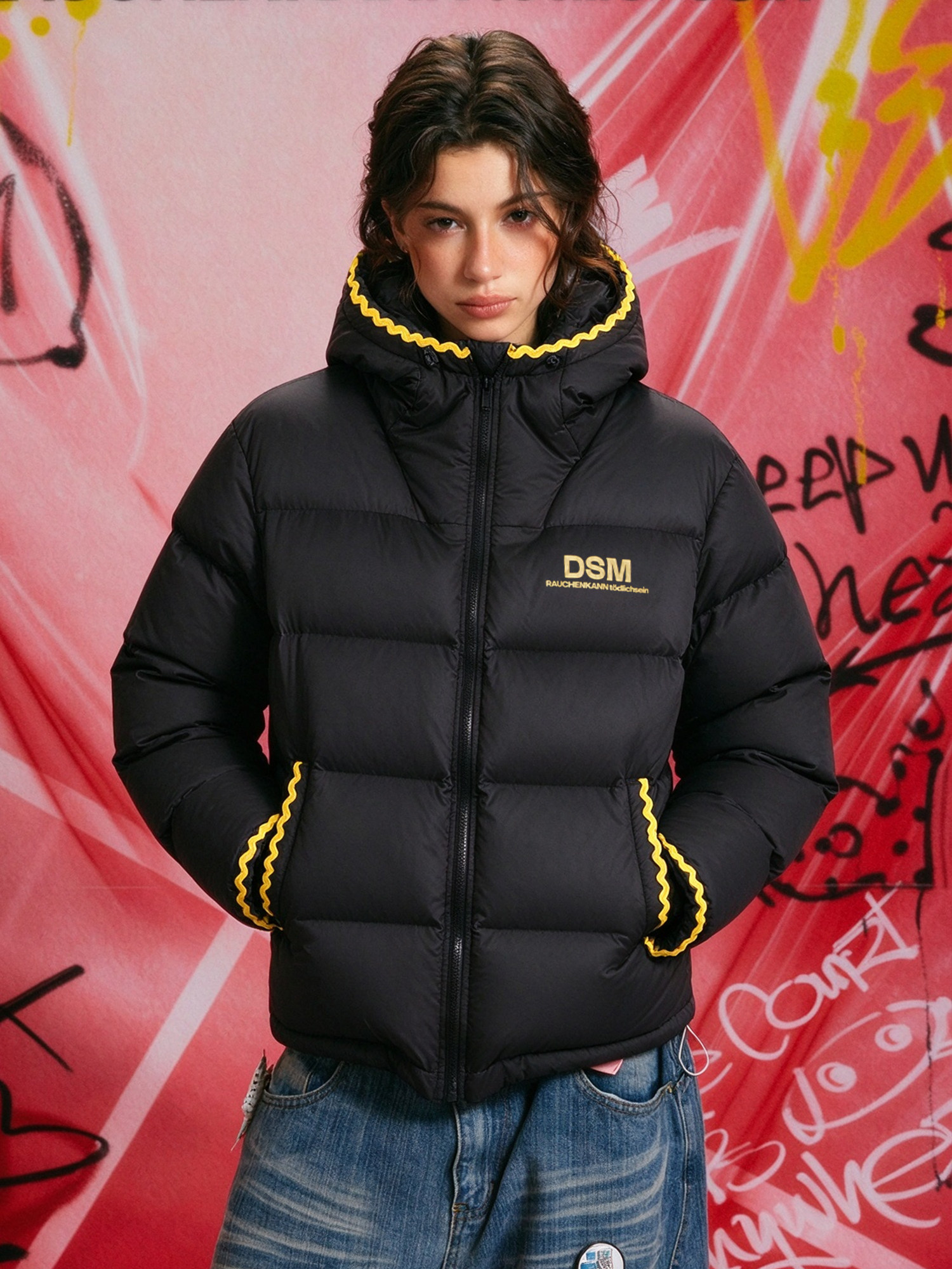 DONSMOKE 180g Shell-Stitch Embroidered Down Pink Hooded Puffer Jacket