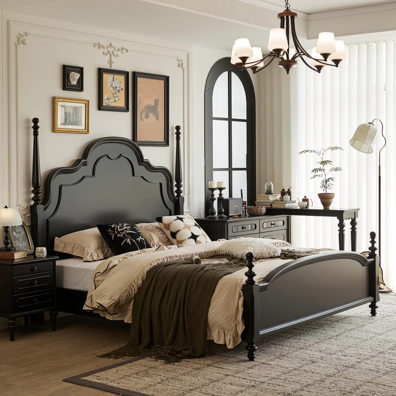 French-Style Vintage Solid Wood Smoked Black Anna Luxury Double Bed American Modern Minimalist Master Bedroom 1.8m Queen Bed French-Style Vintage Solid Wood Smoked Black Anna Luxury Double Bed American Modern Minimalist Master Bedroom 1.8m Queen Bed