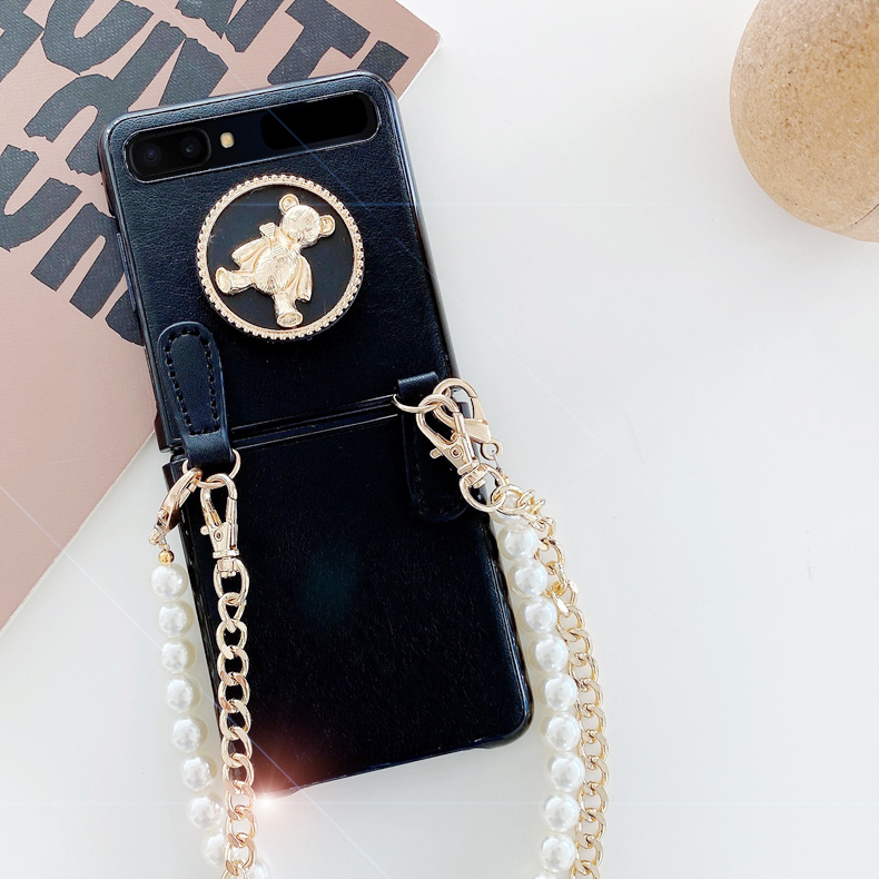 For Samsung Galaxy Z Flip 5G 4G 3 Flip3 DIY Fashion Classic Bear Bracket Pearl Long Metal Chain Handbag Leather Phone Case Cover samsung z flip3 case