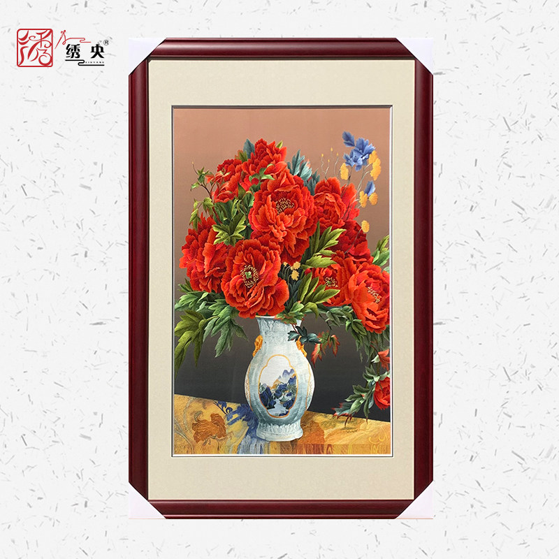 Pure hand-embroidered Suzhou embroidery finished hanging paintings large vase corridor porch aisle vertical version for the elderly Chinese style