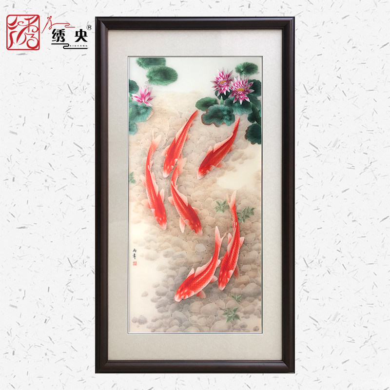 Suzhou embroidery Suzhou embroidery finished hanging paintings 1--4 silk boutique handmade living room porch Chinese decoration carp lotus