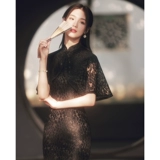 Черное демисезонное кружевное легкое ципао, ретро платье, изысканный стиль, китайский стиль