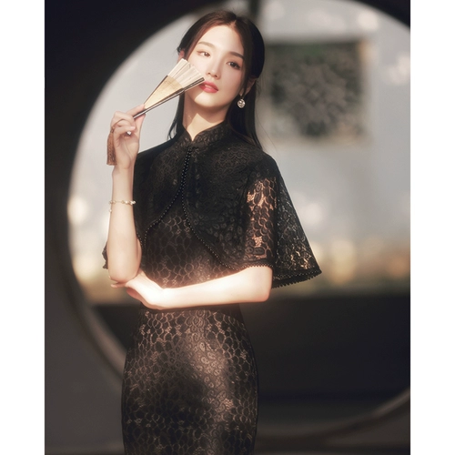 Черное демисезонное кружевное легкое ципао, ретро платье, изысканный стиль, китайский стиль