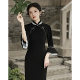 Черное длинное летнее ретро элитное легкое ципао, китайский стиль, изысканный стиль