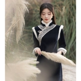 Зимнее ципао, легкий элитный ретро утепленный длинный зимний лонгслив, 2024 года, светлый стиль