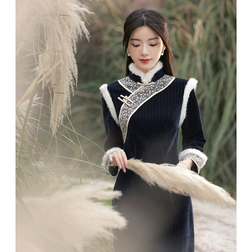 Зимнее ципао, легкий элитный ретро утепленный длинный зимний лонгслив, 2024 года, светлый стиль