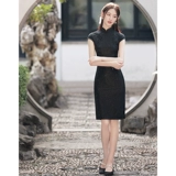 Черное демисезонное кружевное легкое ципао, ретро платье, изысканный стиль, китайский стиль