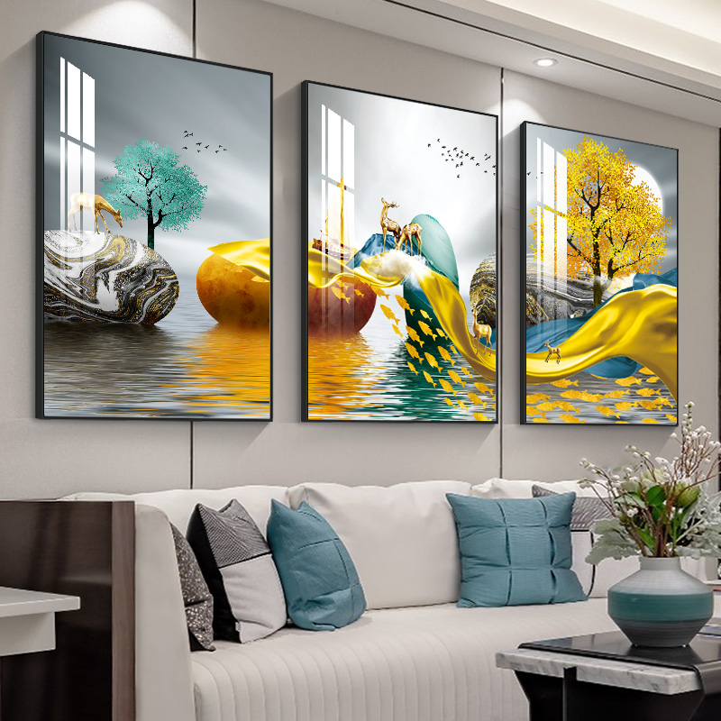 Stone runs the living room decorated with sofa background wall hanging modern minimal triple painting Nordic restaurant wall painting