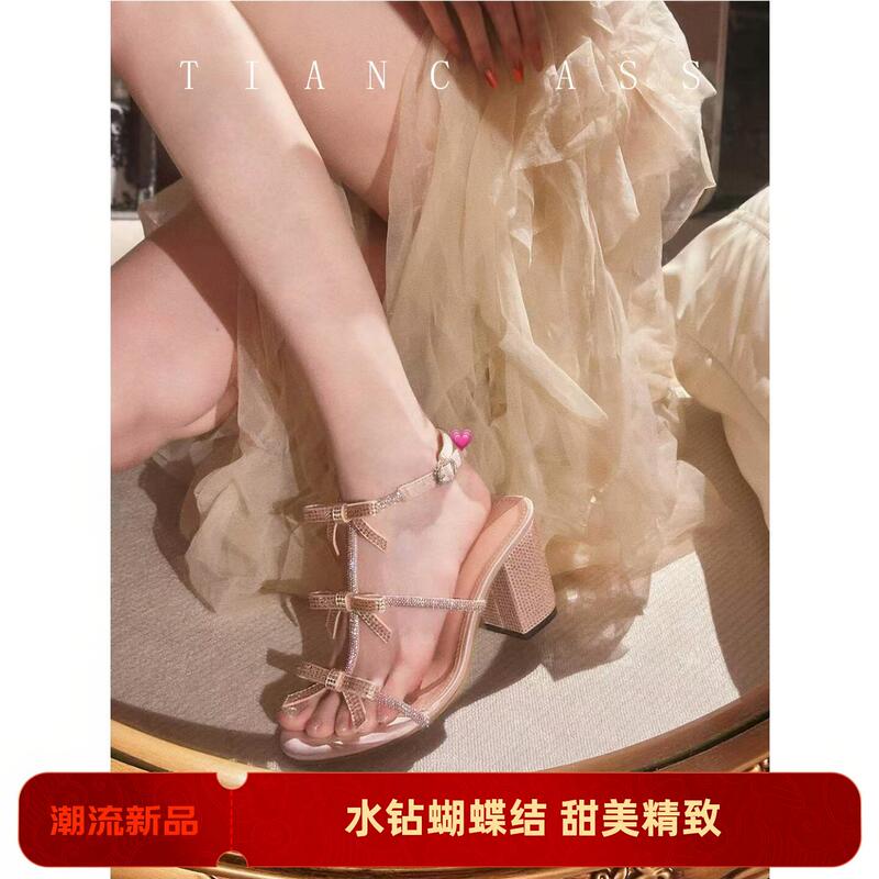 Tianchass Stunning Bowknot Rhinestone Chunky Heel Sandals for Women 2026 New Model with Skirt Matching One-Strap High Heels