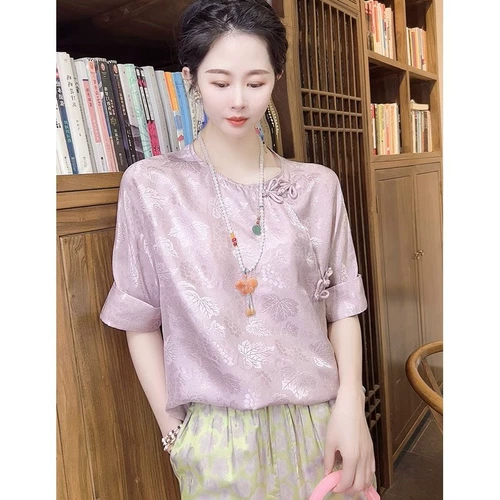 Модная ретро летняя шелковая рубашка, короткий рукав, китайский стиль